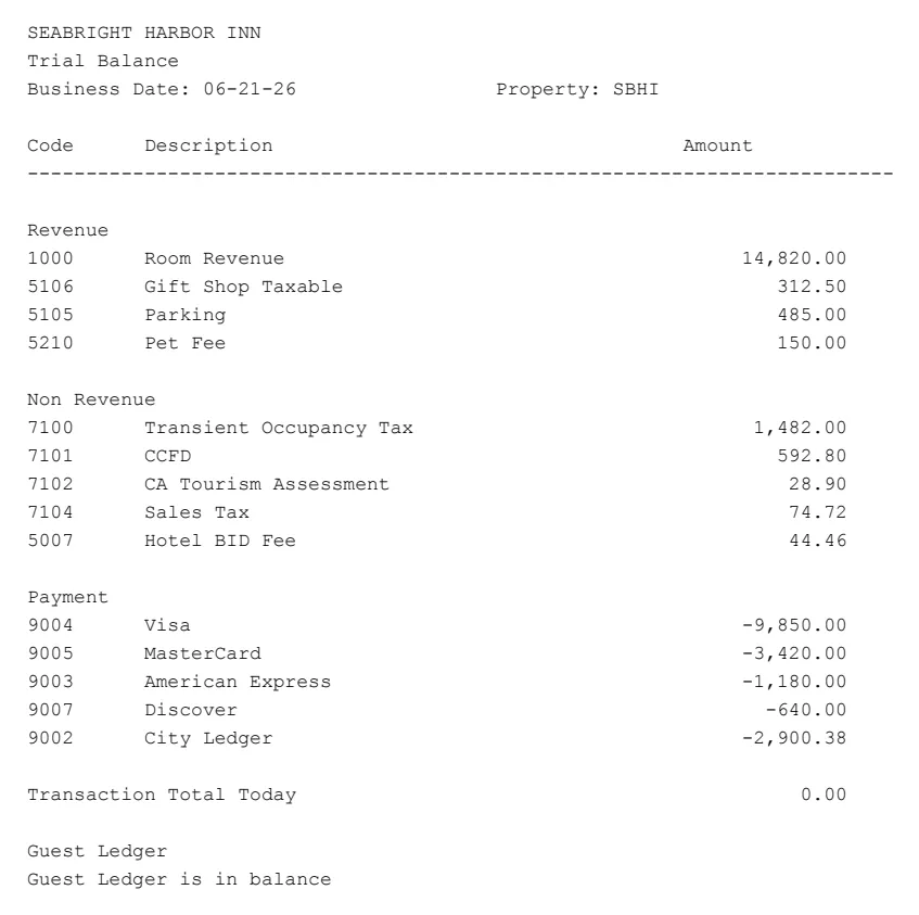 A property management system trial balance: raw transaction codes with amounts, and no departmental structure